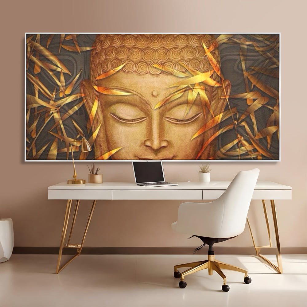 Tablou canvas cu tablou canvas cu chipul lui buddha, in rama de aluminiu argintiu, pe perete intr-un birou